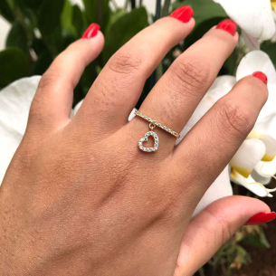 Anel com Pingente Coração com Zircônia Cravejada Ouro 18k