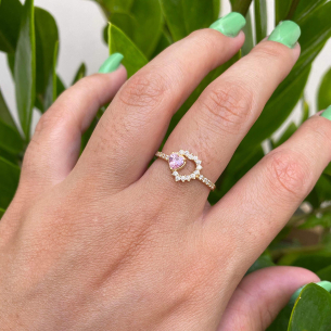 Anel Coração Cravejado com Mini Coração Ouro 18k