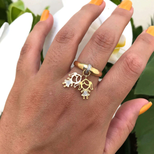 Anel Kaká Duas Meninas com Diamante Ouro 18k