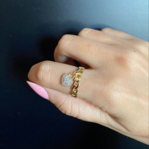 Anel Corrente Groumet com Coração Chuveiro Ouro 18k