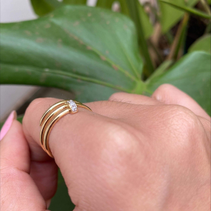 Anel Prego Cravejado Aro Duplo Fininho Ouro 18k