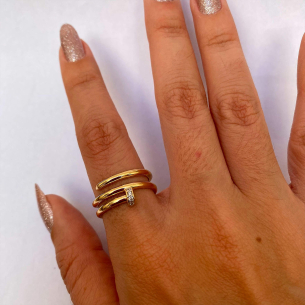 Anel Prego Cravejado Aro Duplo Ouro 18k