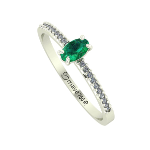 Anel Aro Fileira De Pedras Com Esmeralda e Diamantes Ouro Branco 18k