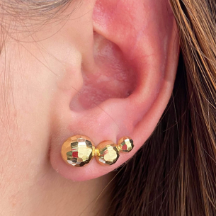 Brinco Ear Cuff Três Meia Bola Diamantada Ouro 18k