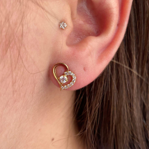 Brinco Coração Cravejado de Zircônias Ouro 18k