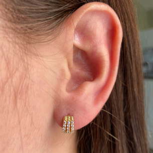 Brinco Argola Três Fileiras com Pedras de Zircônia Ouro 18k
