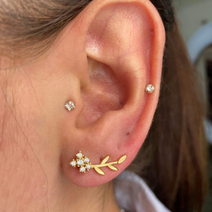 Brinco Ear Cuff Raminho com Pedras Ouro 18k