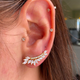Brinco Ear Cuff Fileira e Navetes Ouro 18k