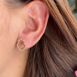 Brinco Coração com Coroa Cravejado com Zircônia Ouro 18k