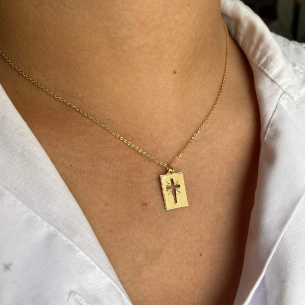 Pingente Placa com Cruz Vazada Diamantada e Fosca Grande Ouro 18k