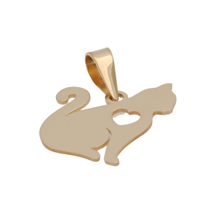 Pingente Gato com Coração Vazado Ouro 18k