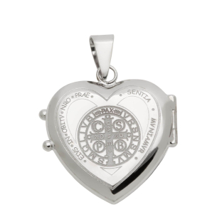 Pingente Relicário Coração São Bento Ouro Branco 18k
