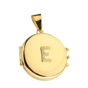Pingente Relicário Redondo com Letra Cravejada Ouro 18k