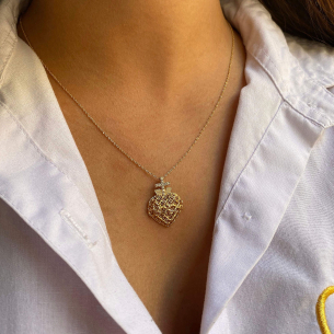 Pingente Sagrado Coração de Jesus Bordado com Pedras de Zircônia Grande Ouro 18k