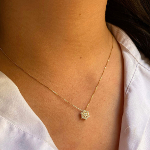 Gargantilha Sextavo com Pedras de Zircônia e Corrente Veneziana Ouro 18k