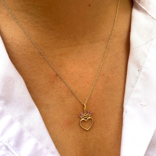 Pingente Coração com Coroa Cravejado com Zircônia Vermelha Ouro 18k