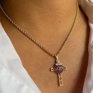 Pingente Sagrado Coração na Cruz Grande Ouro 18k