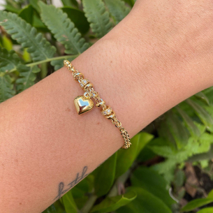 Pulseira Malha Portuguesa e Bailarina com Coração Ouro 18k