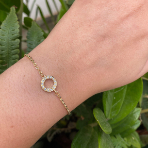 Pulseira Malha Bailarina com Círculo Cravejado Ouro 18k