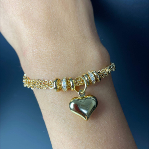 Pulseira Mix de Malha Portuguesa e Bailarina com coração e zircônias Ouro 18k