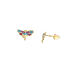 Brinco Baby Libélula com Resina Azul e Rosa Ouro 18k