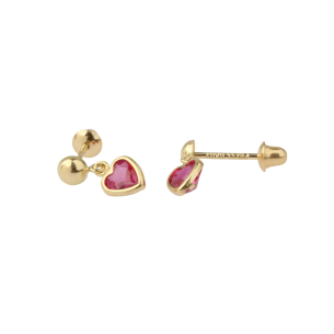 Brinco Baby Coração Cristal Pendurado Pink Ouro 18k