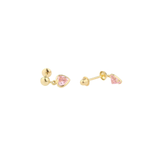 Brinco Baby Coração Cristal Pendurado Rosa Ouro 18k