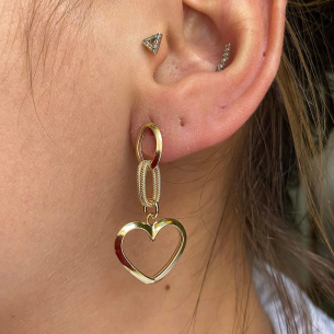 Brinco Elos Ovais e Coração Ouro 18k