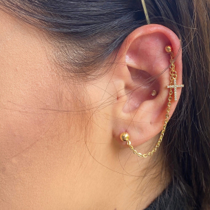 Brinco e Piercing Bolas com Cruz Cravejada Ouro 18k