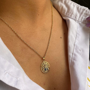 Pingente Nossa Senhora Aparecida com Safira Natural Ouro 18k