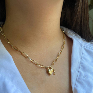Gargantilha Cartier com Fecho Coração Cadeado 45cm Ouro 18k