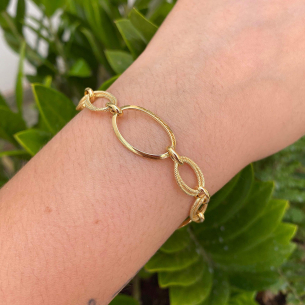 Pulseira Conjunto de Elos Médios Ovais com Mix de Texturas Ouro 18k