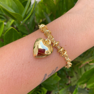 Pulseira Portuguesa com Bailarina com Pingente de Coração Grande Ouro 18k