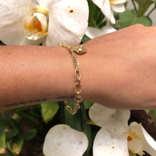 Pulseira Mix de Malhas com Coração Pendurado 19,5cm Ouro 18k