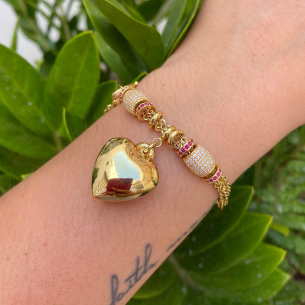 Pulseira Trigo com Bailarina e Pingentes de Coração e Separador Ouro 18k