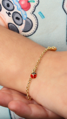 Pulseira Infantil Portuguesa Coração e Joaninha Ouro 18k