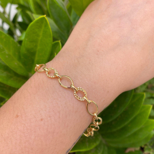 Pulseira Elos Ovais Lisos e Diamantados Ouro 18k