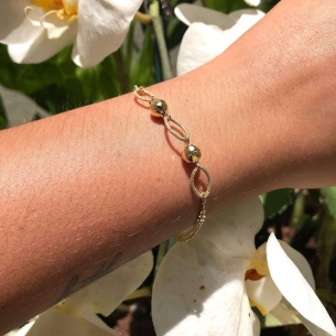 Pulseira Mix de Malha Bailarina e Bolas Diamantadas Ouro 18k