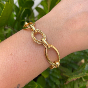 Pulseira Argolas Oval Lisa e Diamantada Ouro 18k