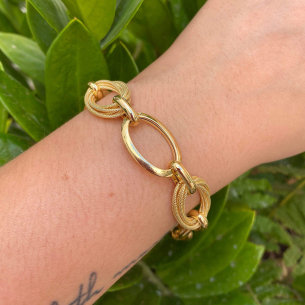 Pulseira Elo Grande Liso e 7 Foscos Ouro 18k
