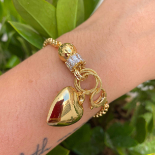 Pulseira Milano com Coração Grande e Bola Ouro 18k