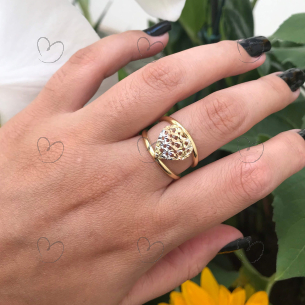 Anel de Coração Tricolor Diamantado Ouro 18k