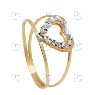 Anel Aro Duplo Coração Bicolor Diamantado Ouro 18k
