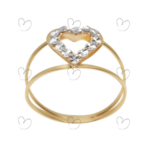 Anel Aro Duplo Coração Bicolor Diamantado Ouro 18k