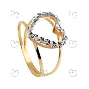 Anel Aro Duplo Coração Bicolor Diamantado Falso Brilhante Ouro 18k