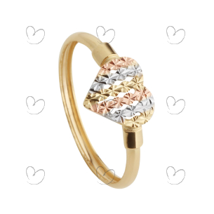 Anel Coração Tricolor Diamantado Vazado Ouro 18k