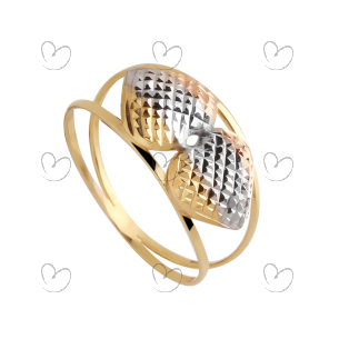 Anel Aro Duplo com Dois Corações Tricolor Diamantado Ouro 18k