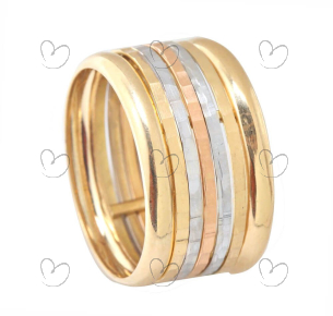 Anel Cinco Fios Diamantados Tricolor Ouro 18k