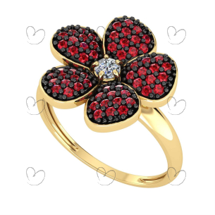 Anel Flor com Zircônias Vermelhas e Ródio Negro Ouro 18k