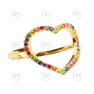 Anel Coração Grande Rainbow Colorido Ouro 18k